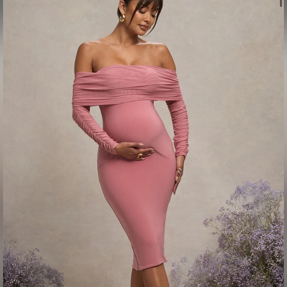 Club London Maternity BLUSH PINK RUCHED MESH BARDOT DRESS Patiently Waiting